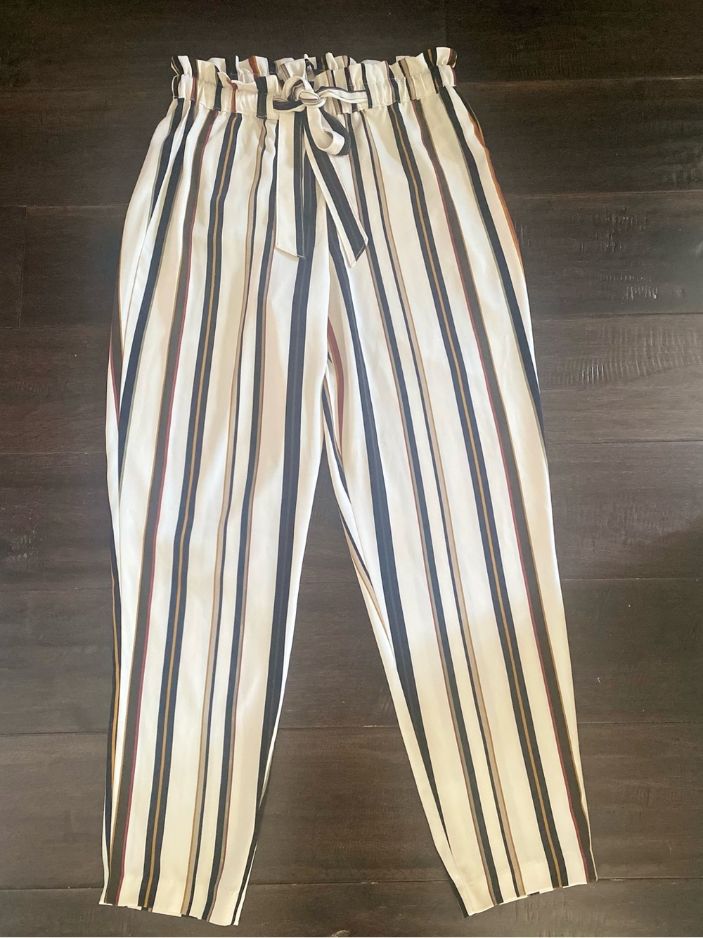 Cream Multi Striped Ruched Waist Cigarette tapered Ankle Pants